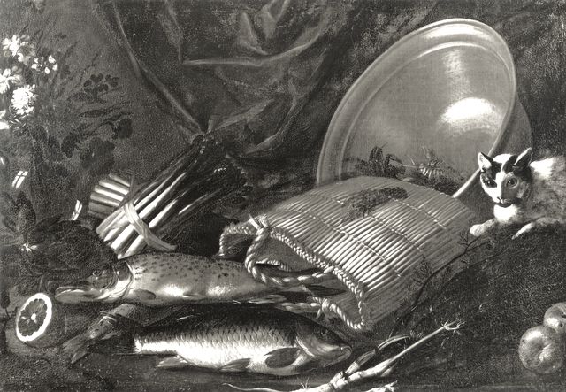 Anonimo — Pittore di Rodolfo Lodi - sec. XVII - Natura morta con sporta, pesci, ortaggi, fiori, bacile e gatto — insieme